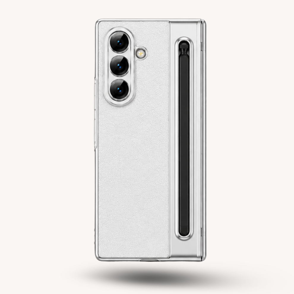 Samsung Galaxy Z Fold 7 Leather Hinge Protection Case with S Pen Holder – Silver