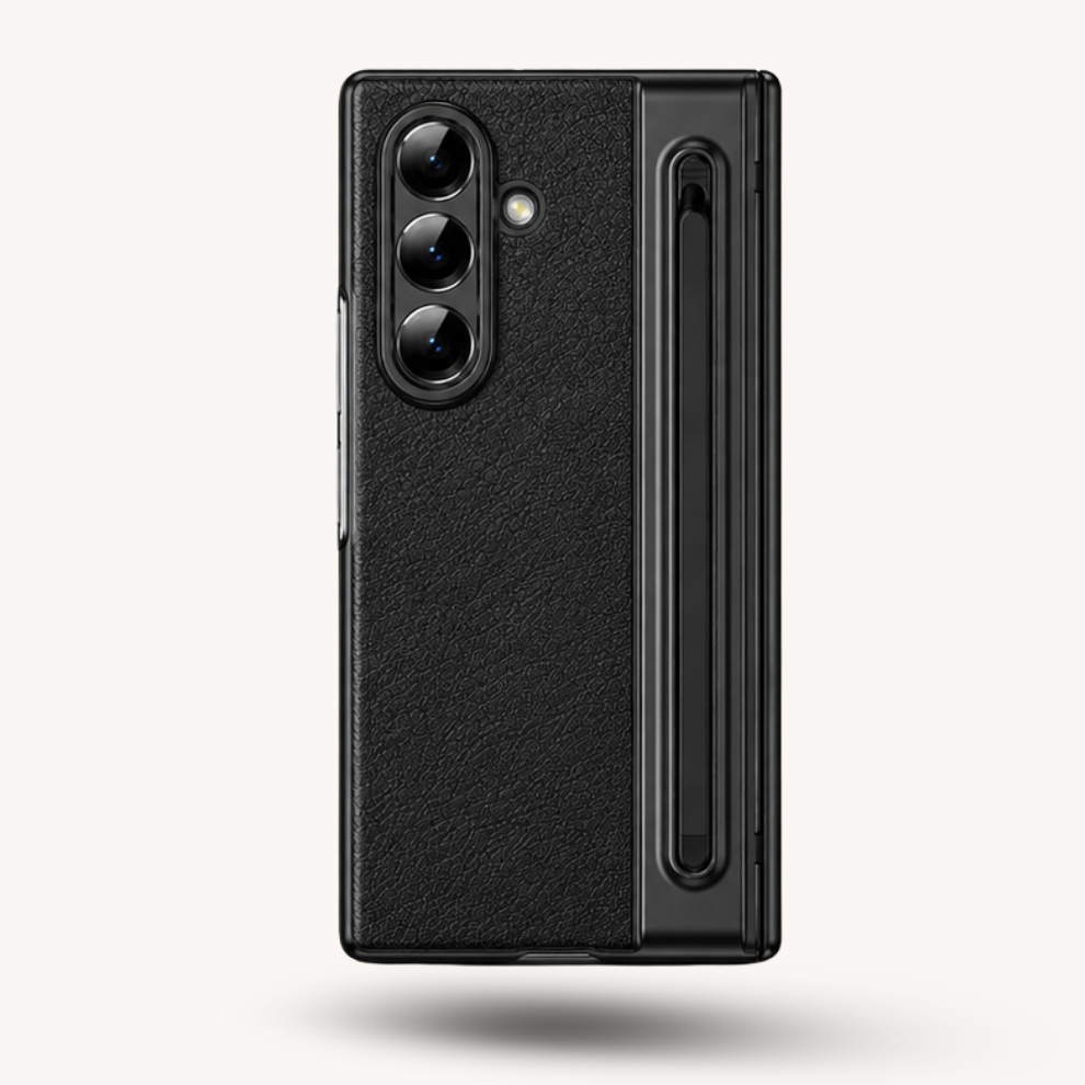Samsung Galaxy Z Fold 7 Leather Hinge Protection Case with S Pen Holder – Black