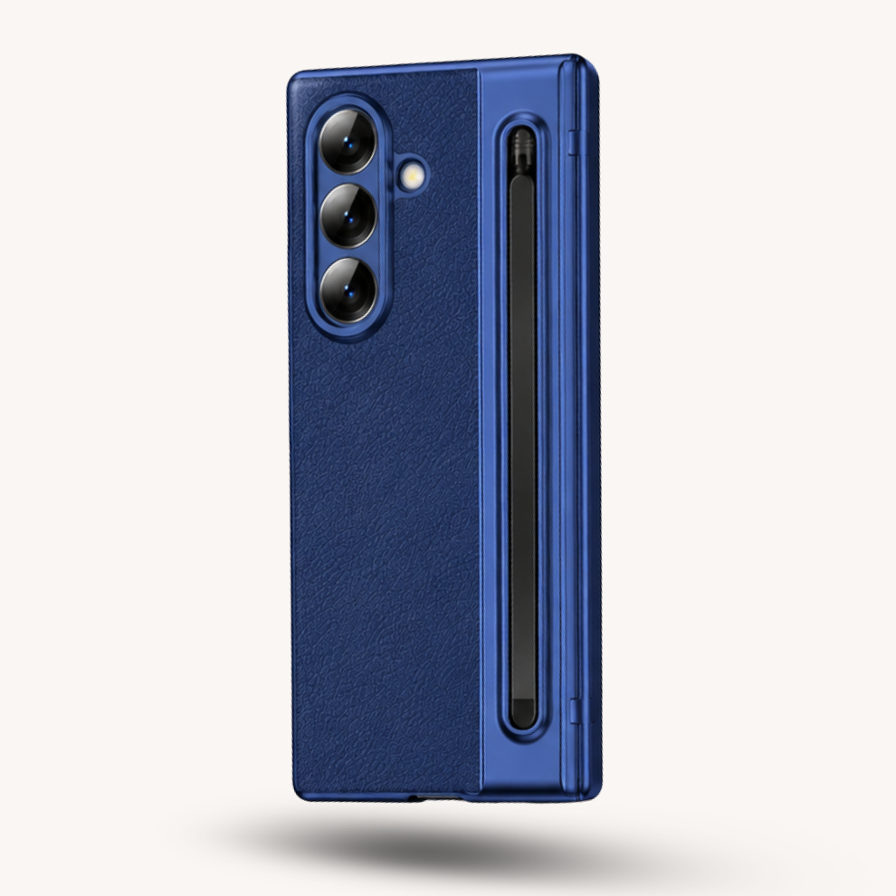 Samsung Galaxy Z Fold 7 Leather Hinge Protection Case with S Pen Holder – Blue