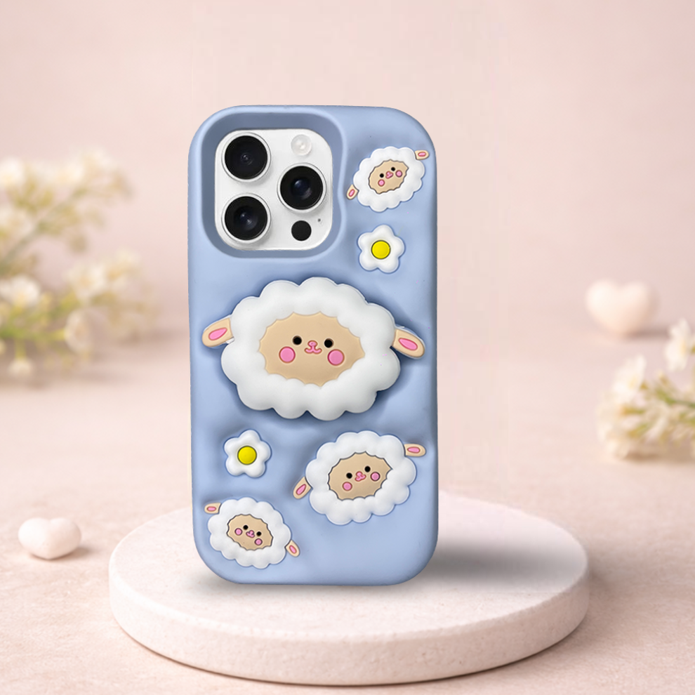Cute Sheep iPhone 15 Pro Max Case – 3D Blue Silicone Cover – Fomoliya