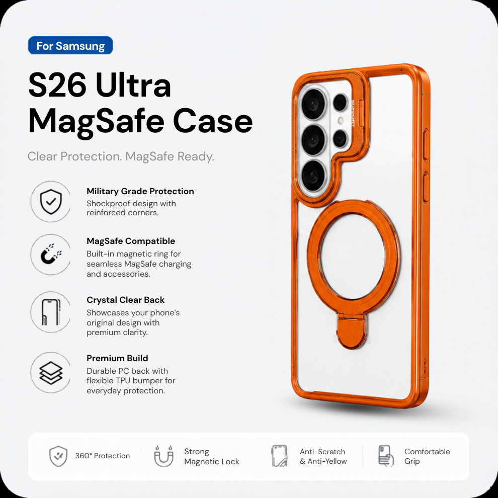 Samsung S26 Ultra Clear MagSafe Ring Stand Case – Orange