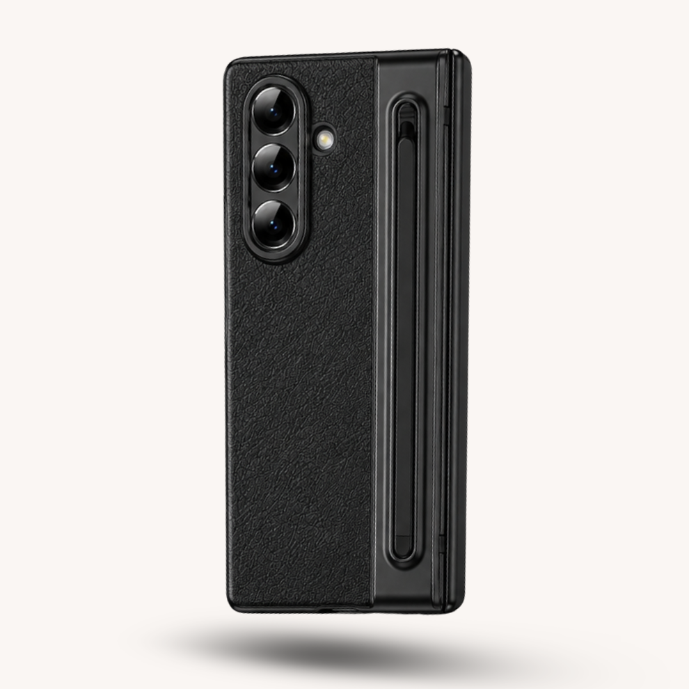 Samsung Galaxy Z Fold 7 Leather Hinge Protection Case with S Pen Holder – Black