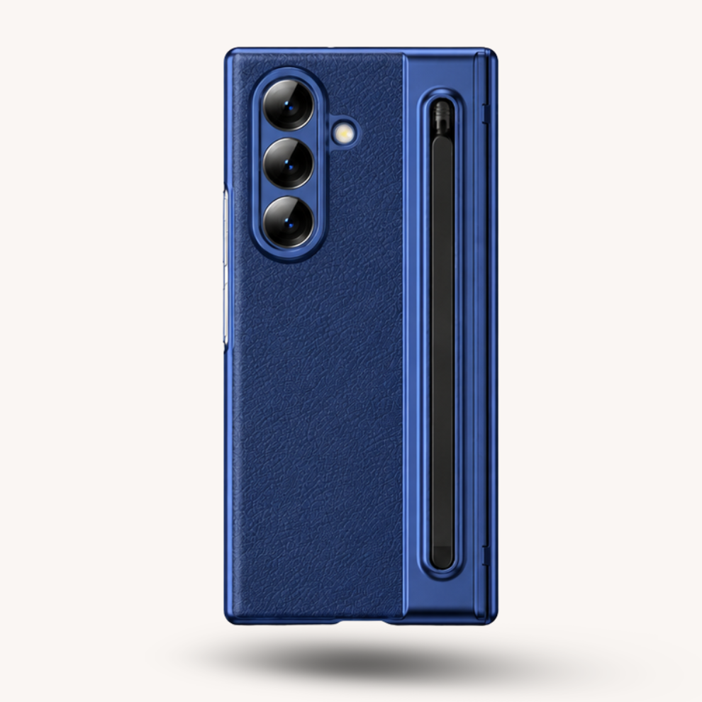 Samsung Galaxy Z Fold 7 Leather Hinge Protection Case with S Pen Holder – Blue
