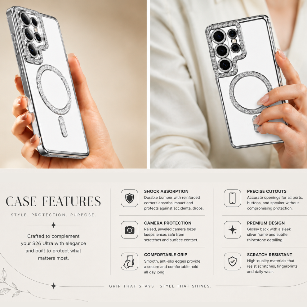 Samsung S26 Ultra Luxury Crystal MagSafe Case – Silver