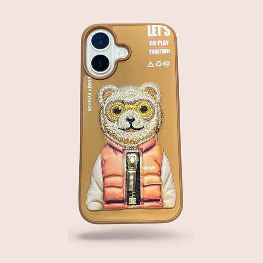 NIMMY 3D Teddy Designer Case for iPhone 16 – Slim Shockproof Premium Protective Cover (Gold)