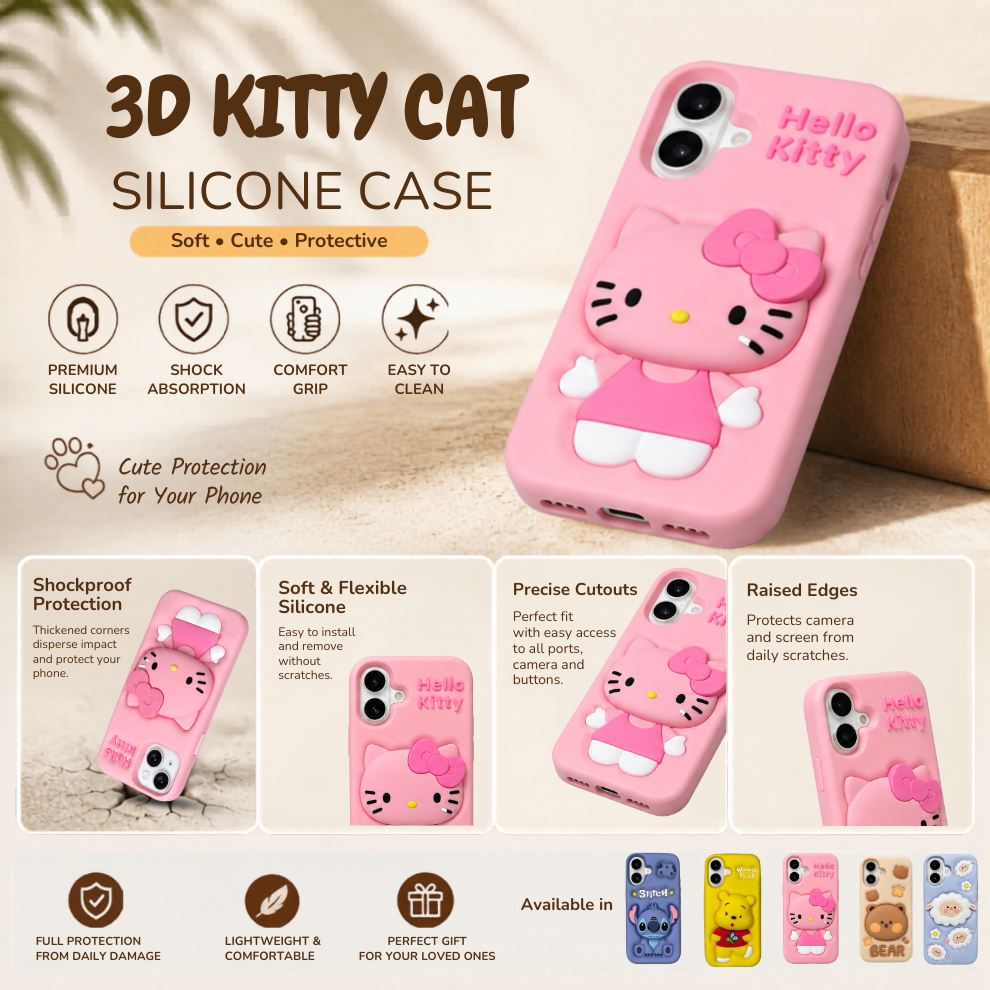 iPhone 16 Kitty Cat Soft Silicone Case – Pink