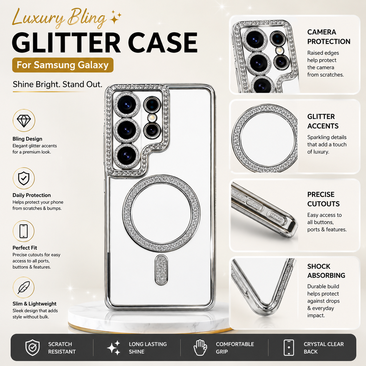 Samsung S26 Ultra Luxury Crystal MagSafe Case – Silver