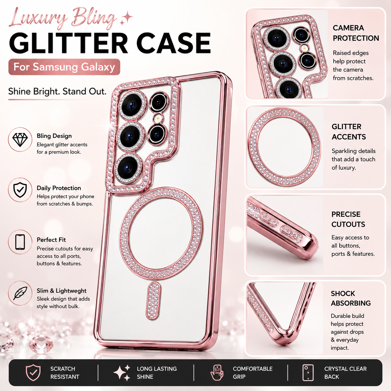 Samsung S26 Ultra Luxury Crystal MagSafe Case – Pink