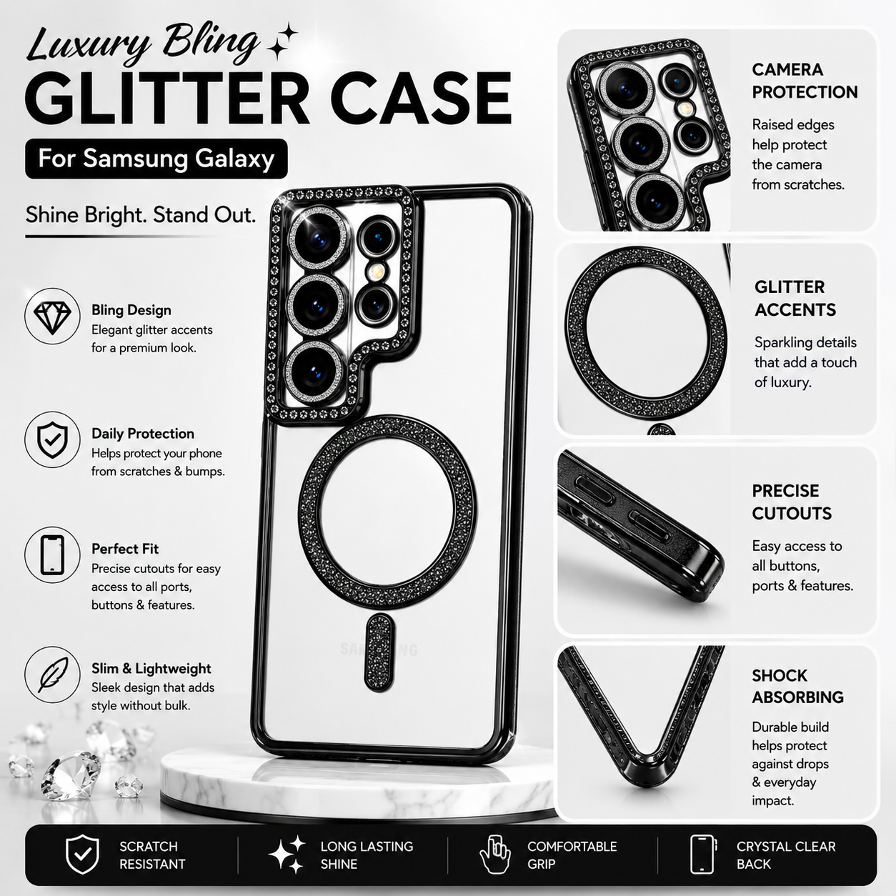 Samsung S26 Ultra Luxury Crystal MagSafe Case – Black
