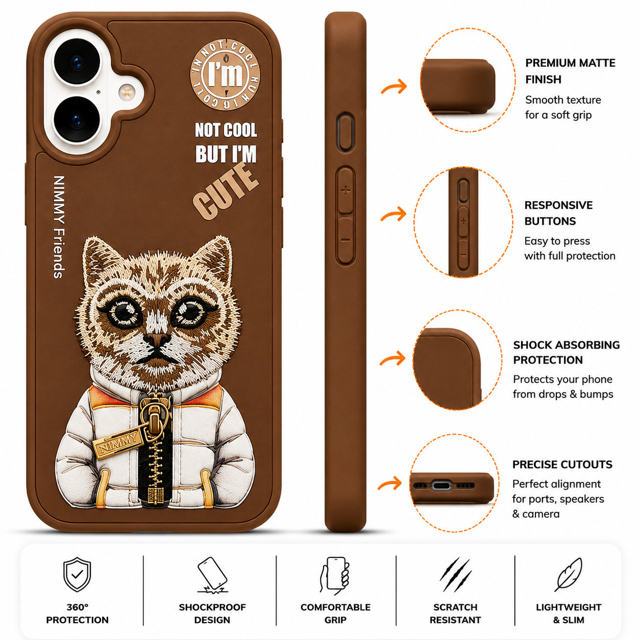 iPhone 16 3D Cat Case – Brown
