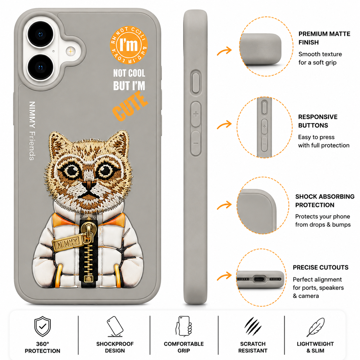 iPhone 16 3D Cat Case – Grey