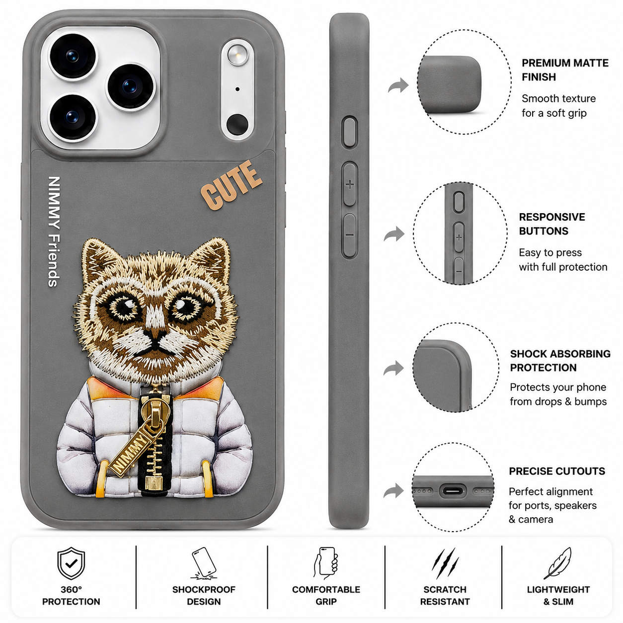 iPhone 17 Pro Max 3D Cat Case – Grey