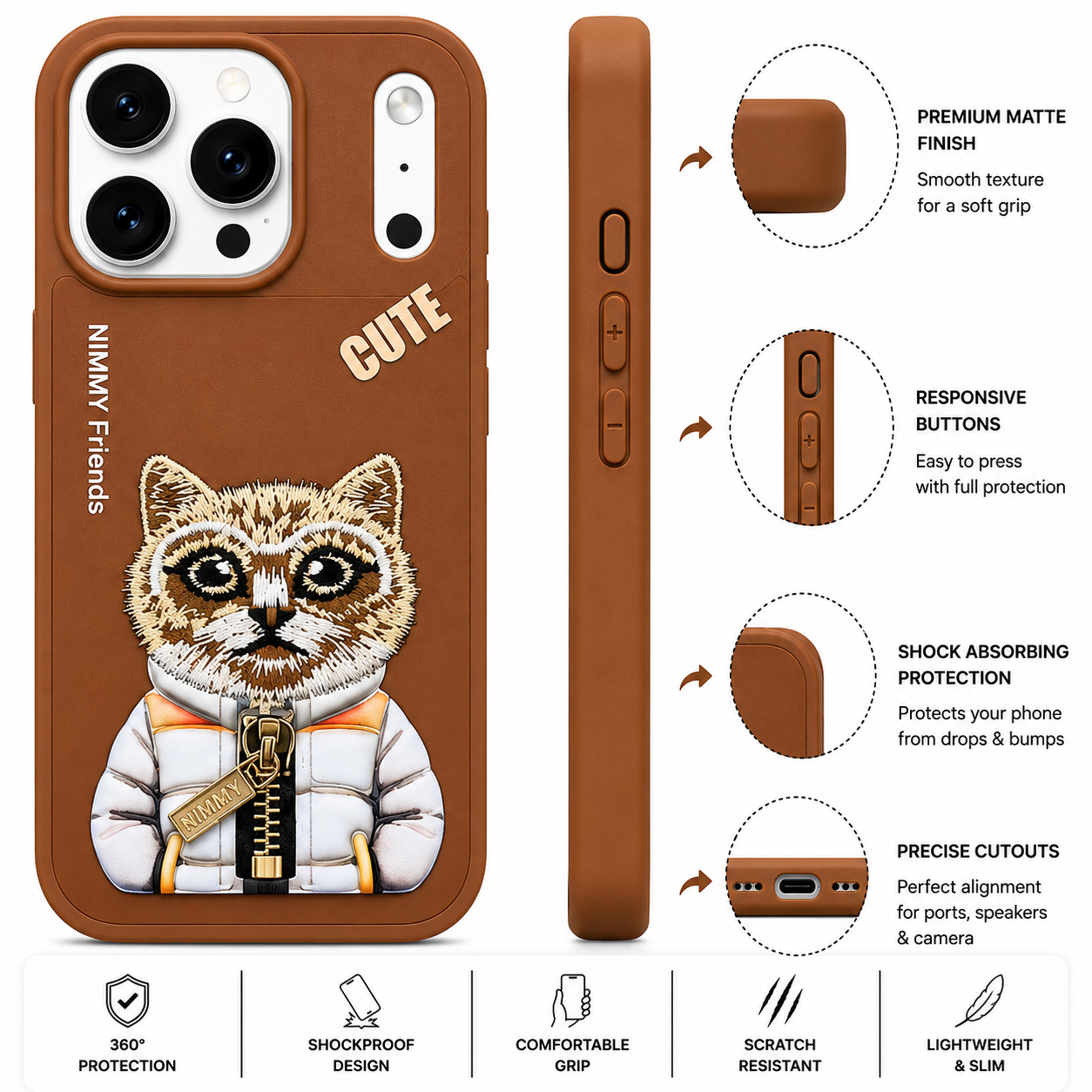 iPhone 17 Pro Max 3D Cat Case – Brown