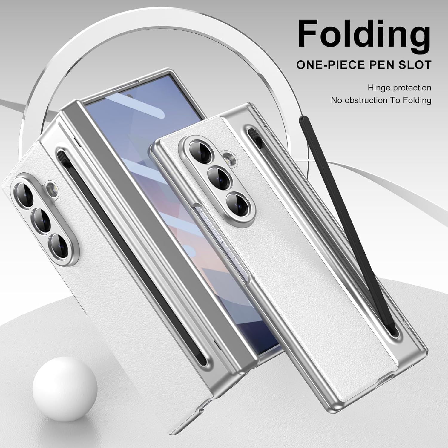 Samsung Galaxy Z Fold 7 Leather Hinge Protection Case with S Pen Holder – Silver