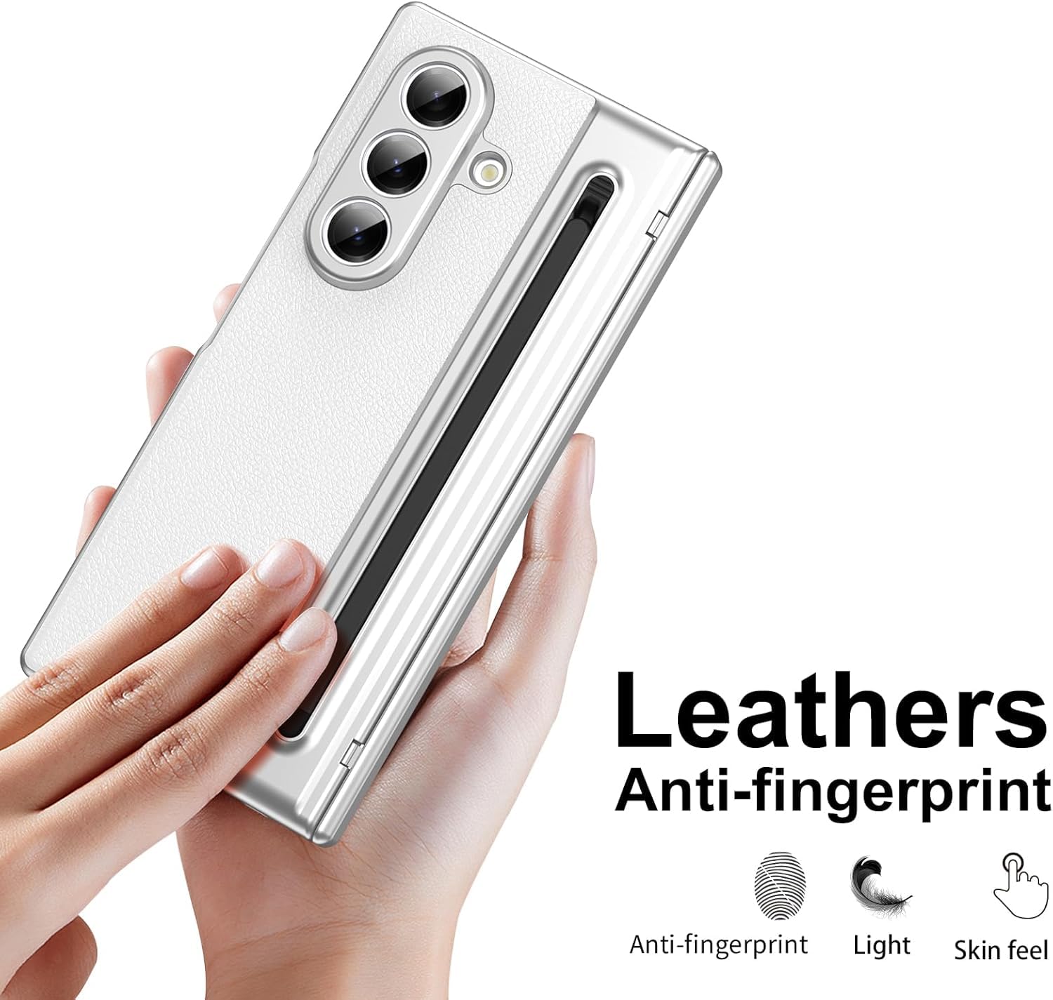 Samsung Galaxy Z Fold 7 Leather Hinge Protection Case with S Pen Holder – Silver