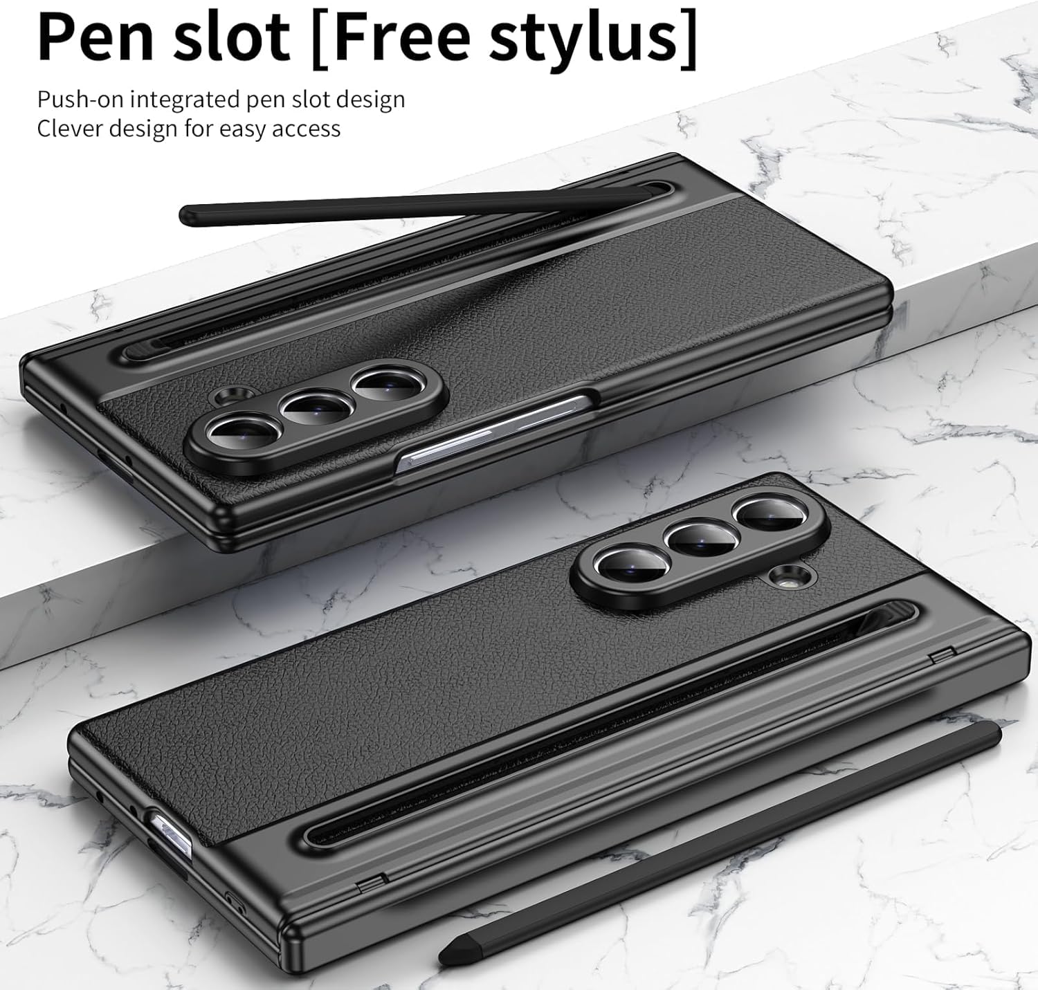 Samsung Galaxy Z Fold 7 Leather Hinge Protection Case with S Pen Holder – Black