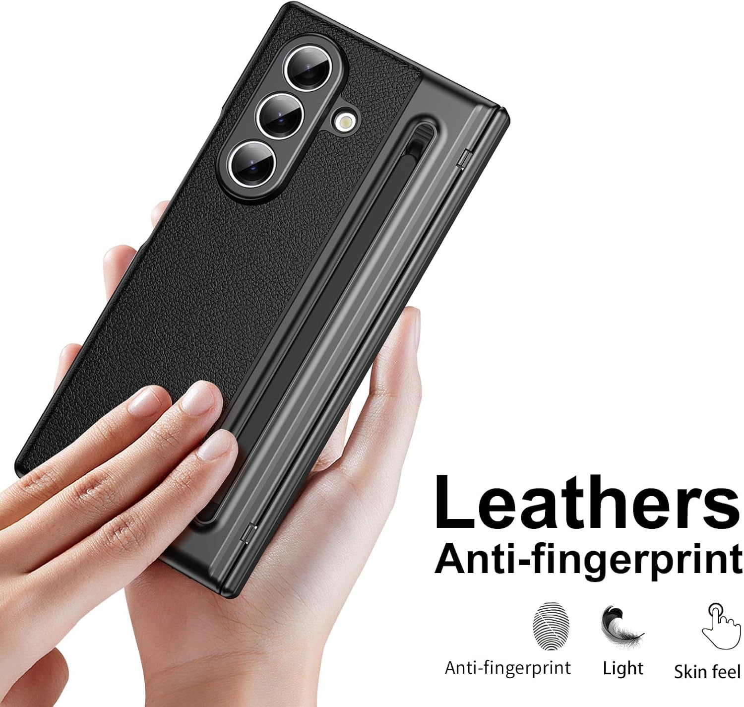 Samsung Galaxy Z Fold 7 Leather Hinge Protection Case with S Pen Holder – Black