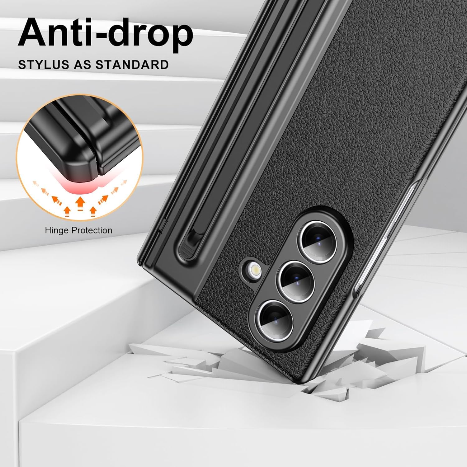 Samsung Galaxy Z Fold 7 Leather Hinge Protection Case with S Pen Holder – Black