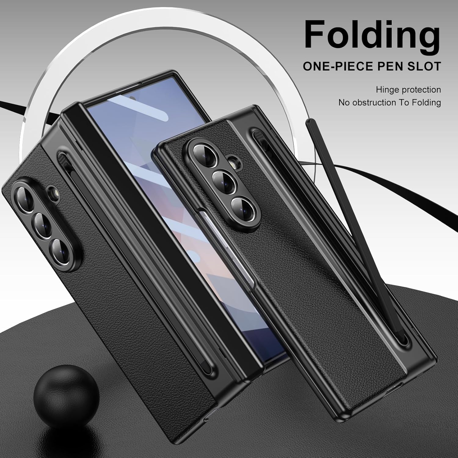 Samsung Galaxy Z Fold 7 Leather Hinge Protection Case with S Pen Holder – Black