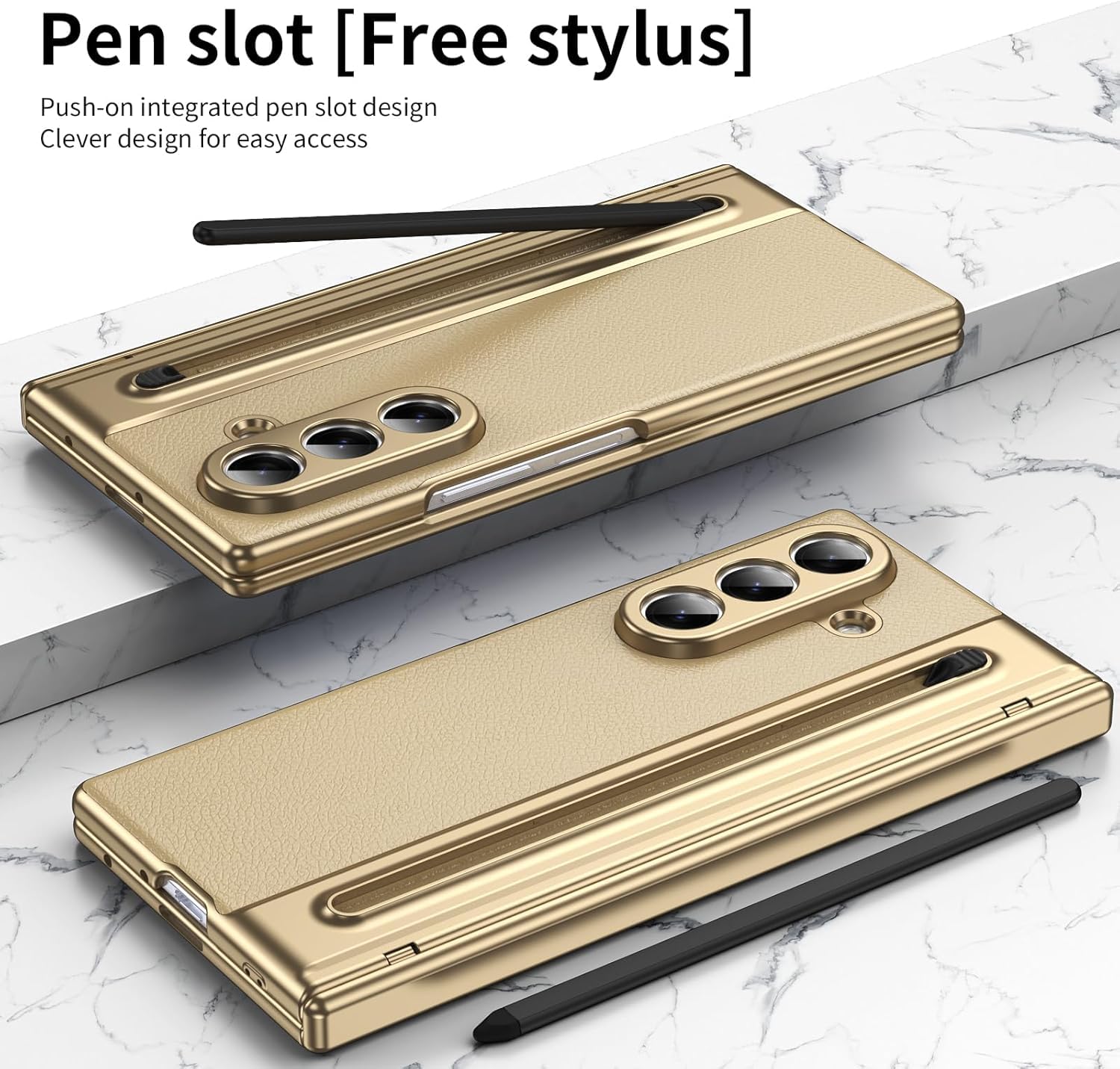 Samsung Galaxy Z Fold 7 Leather Hinge Protection Case with S Pen Holder – Gold