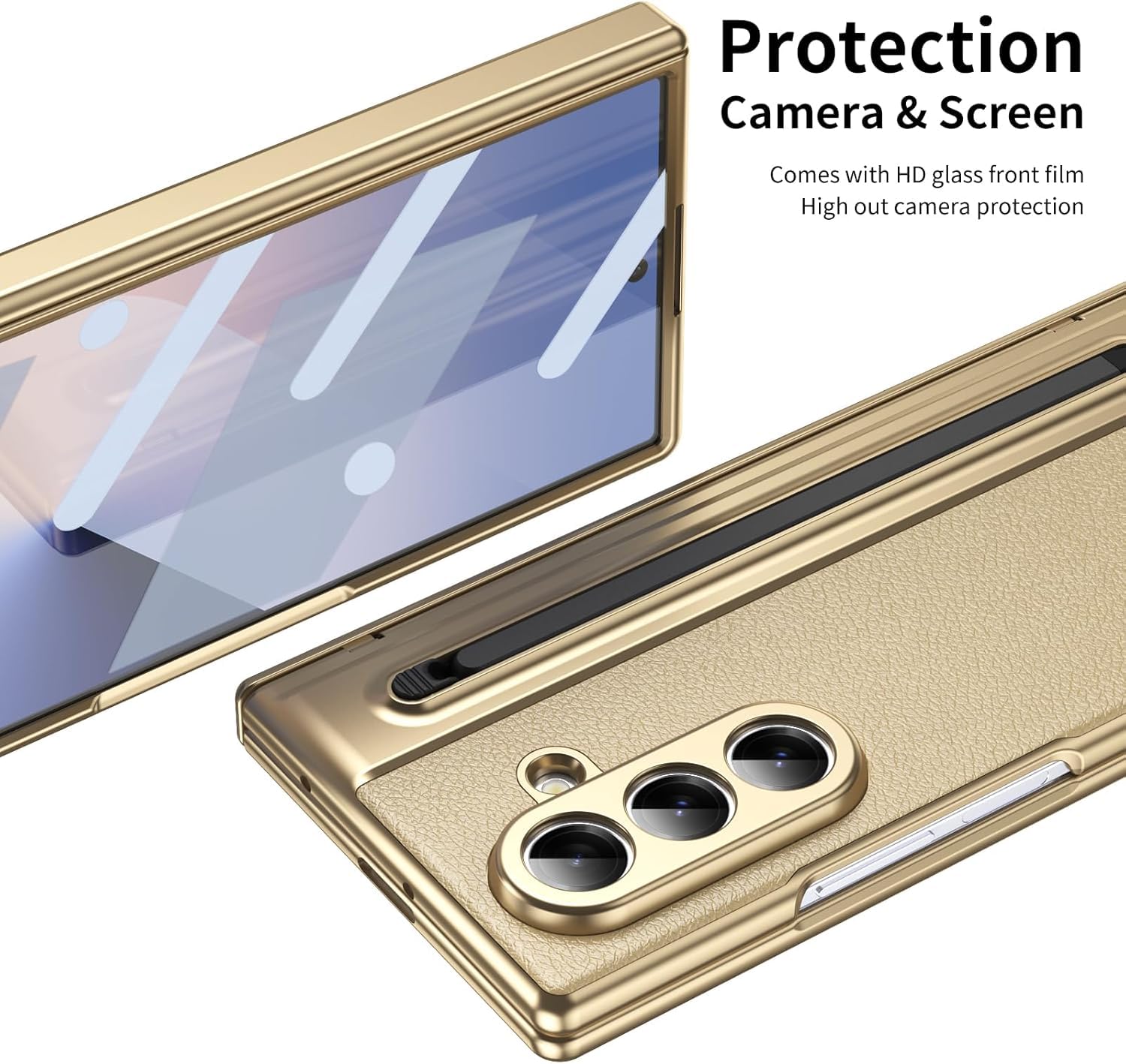 Samsung Galaxy Z Fold 7 Leather Hinge Protection Case with S Pen Holder – Gold