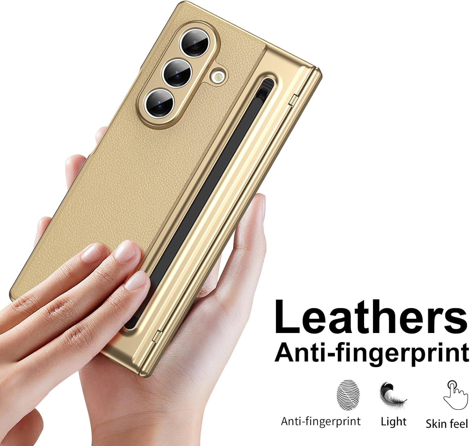 Samsung Galaxy Z Fold 7 Leather Hinge Protection Case with S Pen Holder – Gold