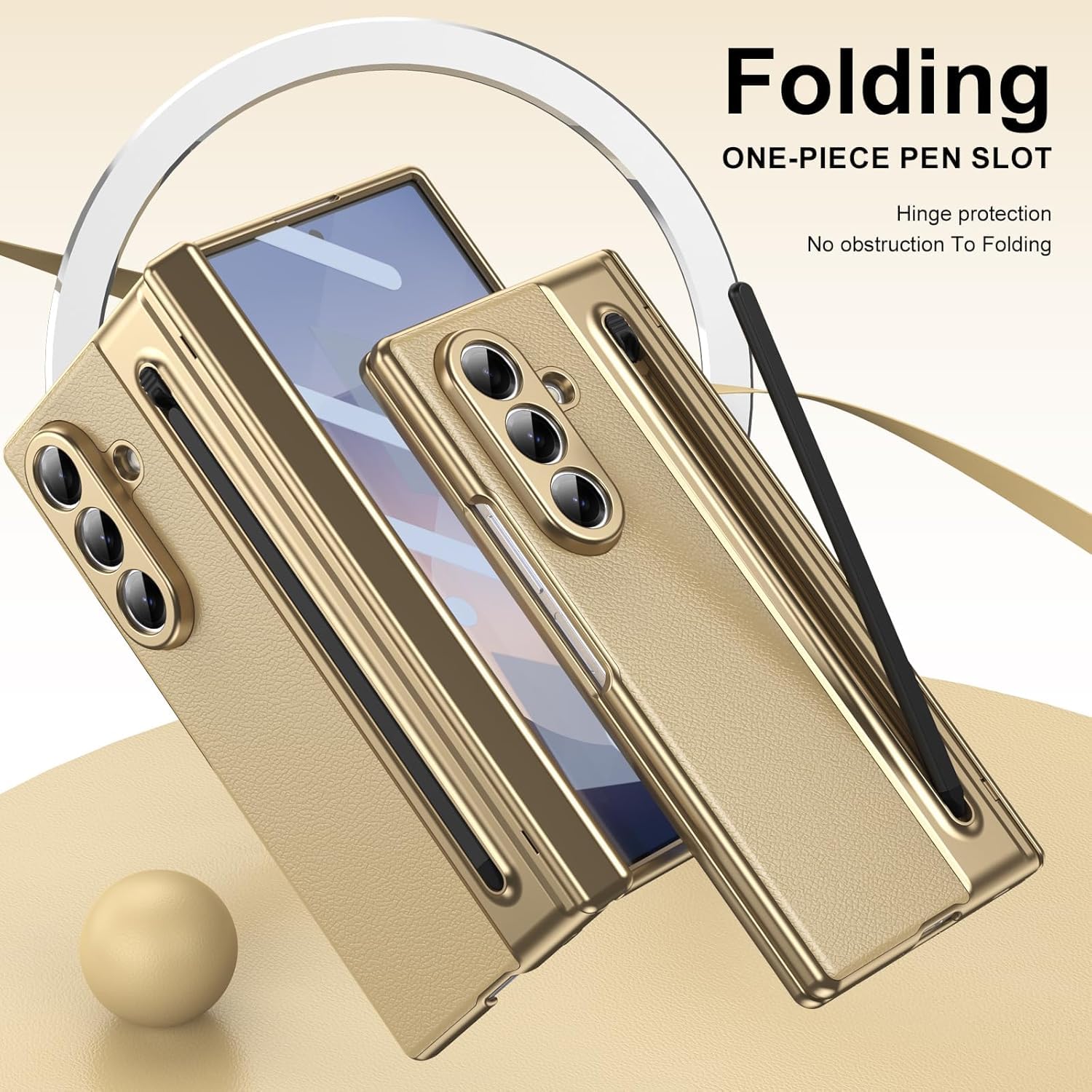 Samsung Galaxy Z Fold 7 Leather Hinge Protection Case with S Pen Holder – Gold