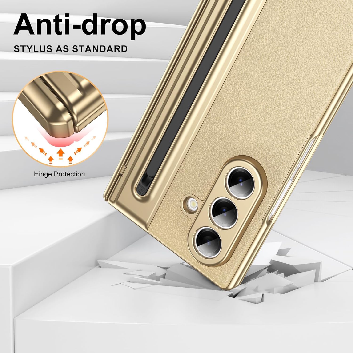 Samsung Galaxy Z Fold 7 Leather Hinge Protection Case with S Pen Holder – Gold
