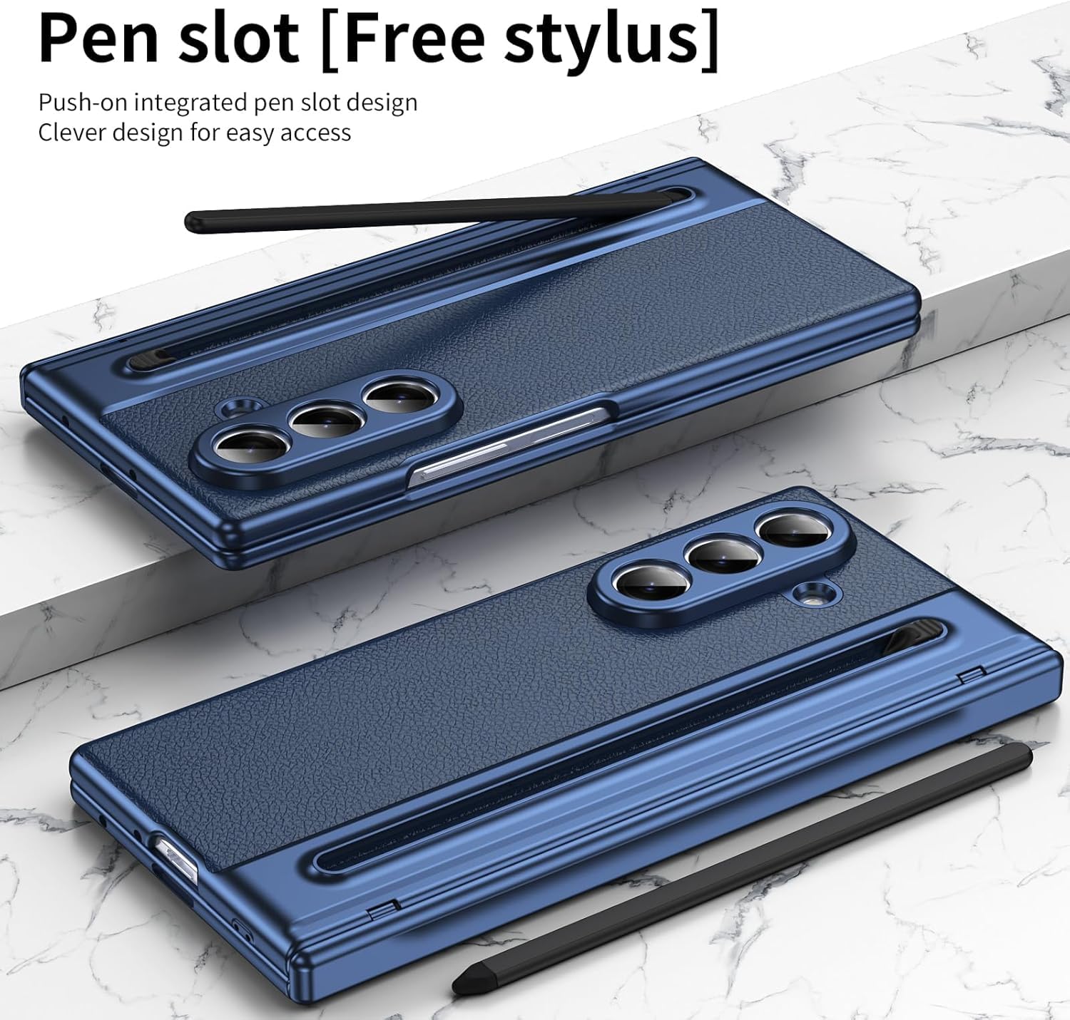 Samsung Galaxy Z Fold 7 Leather Hinge Protection Case with S Pen Holder – Blue