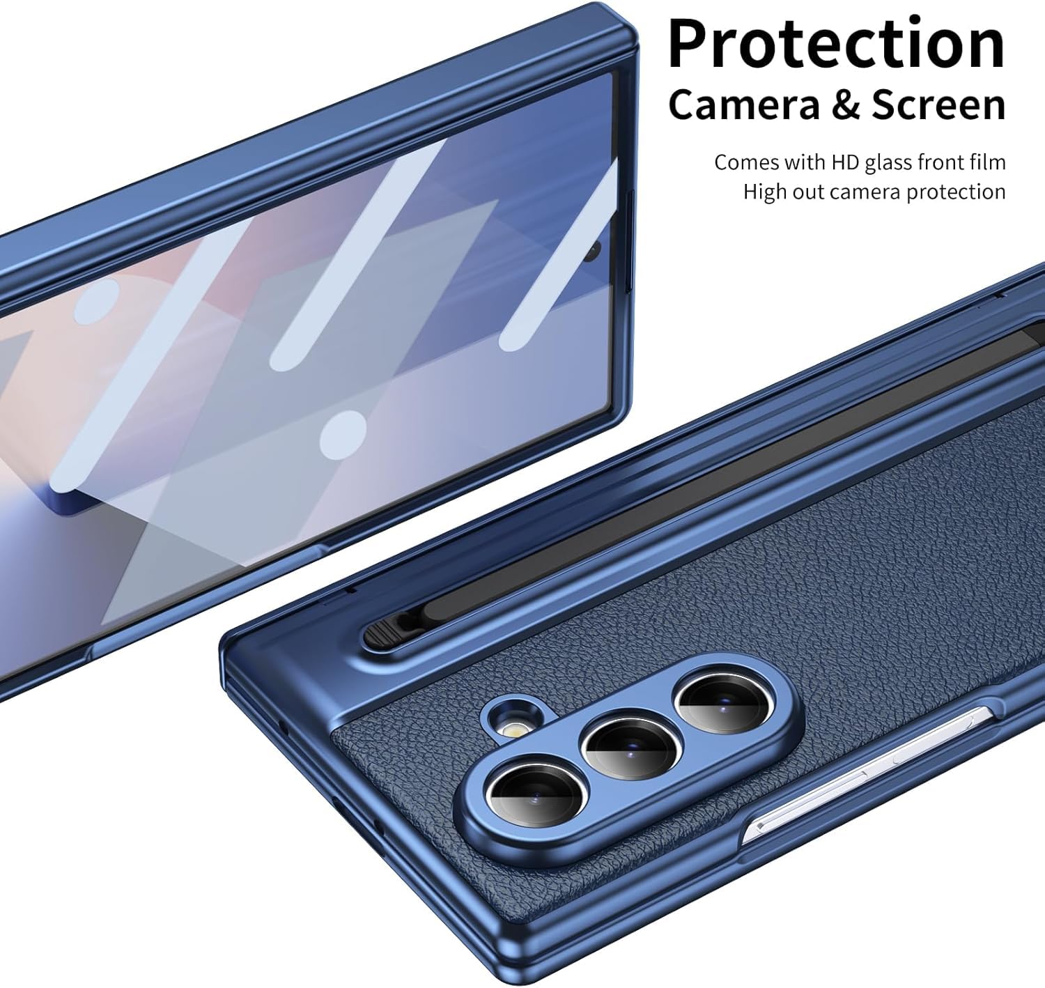 Samsung Galaxy Z Fold 7 Leather Hinge Protection Case with S Pen Holder – Blue