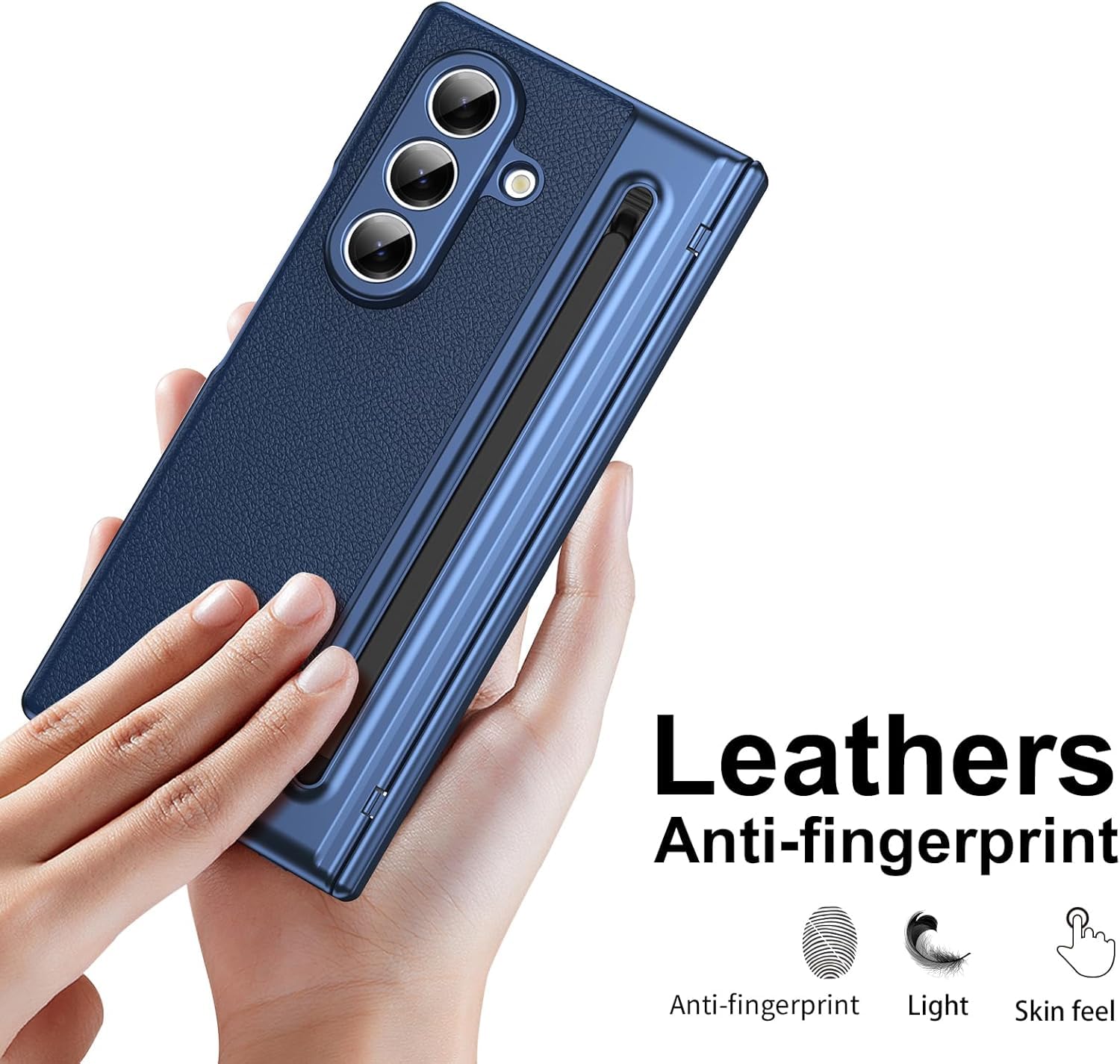 Samsung Galaxy Z Fold 7 Leather Hinge Protection Case with S Pen Holder – Blue