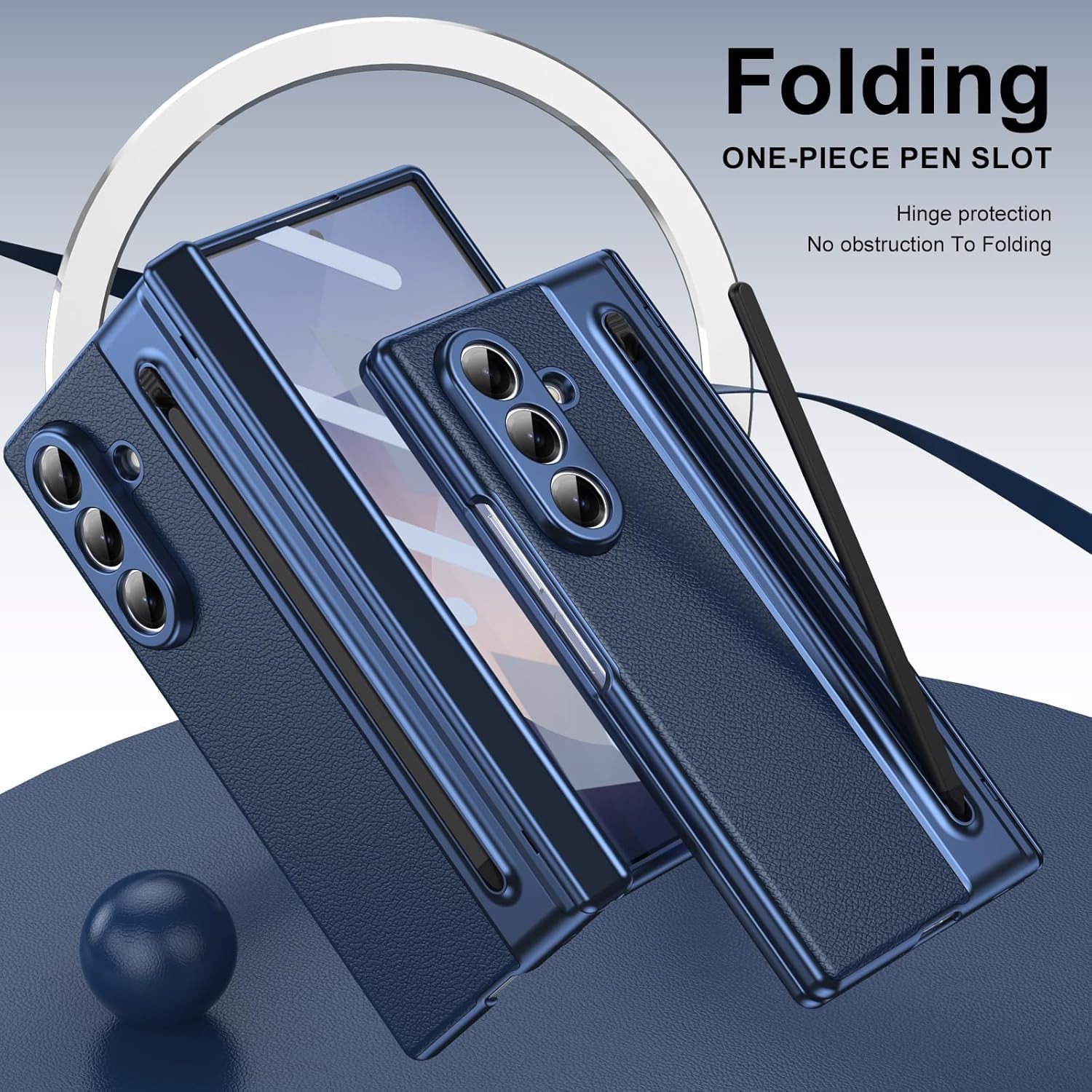 Samsung Galaxy Z Fold 7 Leather Hinge Protection Case with S Pen Holder – Blue