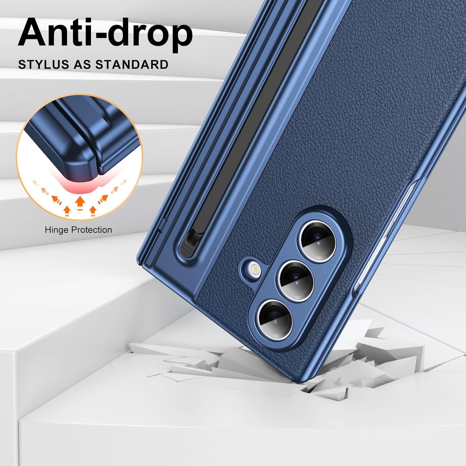 Samsung Galaxy Z Fold 7 Leather Hinge Protection Case with S Pen Holder – Blue
