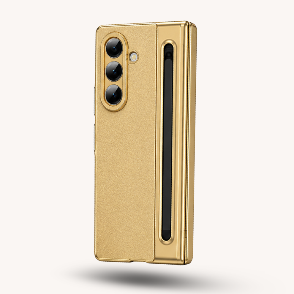 Samsung Galaxy Z Fold 7 Leather Hinge Protection Case with S Pen Holder – Gold