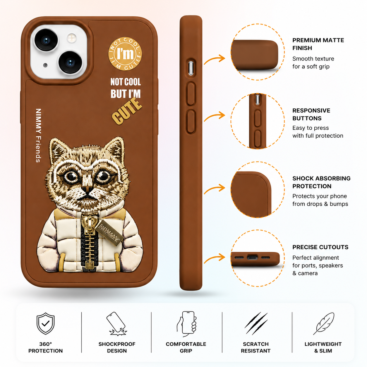iPhone 15 3D Cat Case – Brown