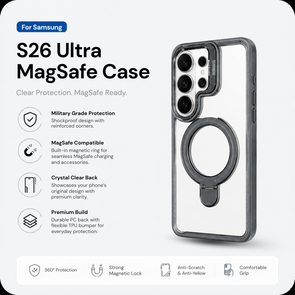 Samsung S26 Ultra Clear MagSafe Ring Stand Case – Grey