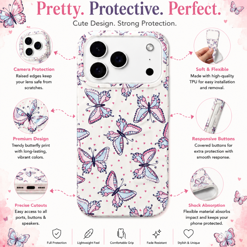 iPhone 17 Pro Max Butterfly Pattern Protective Case – Floral