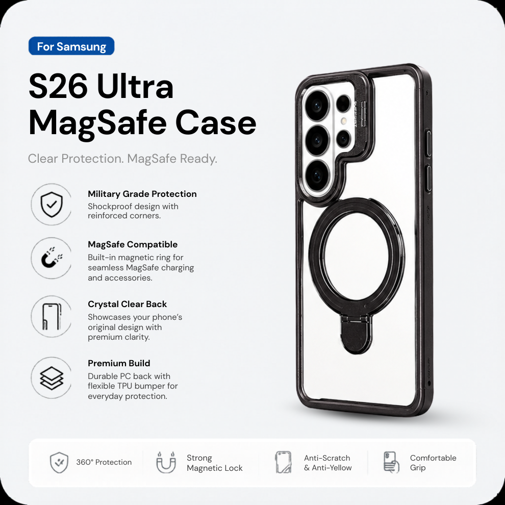 Samsung S26 Ultra Clear MagSafe Ring Stand Case – Black
