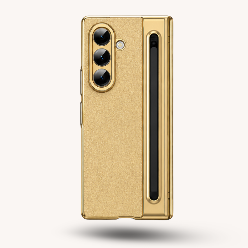 Samsung Galaxy Z Fold 7 Leather Hinge Protection Case with S Pen Holder – Gold