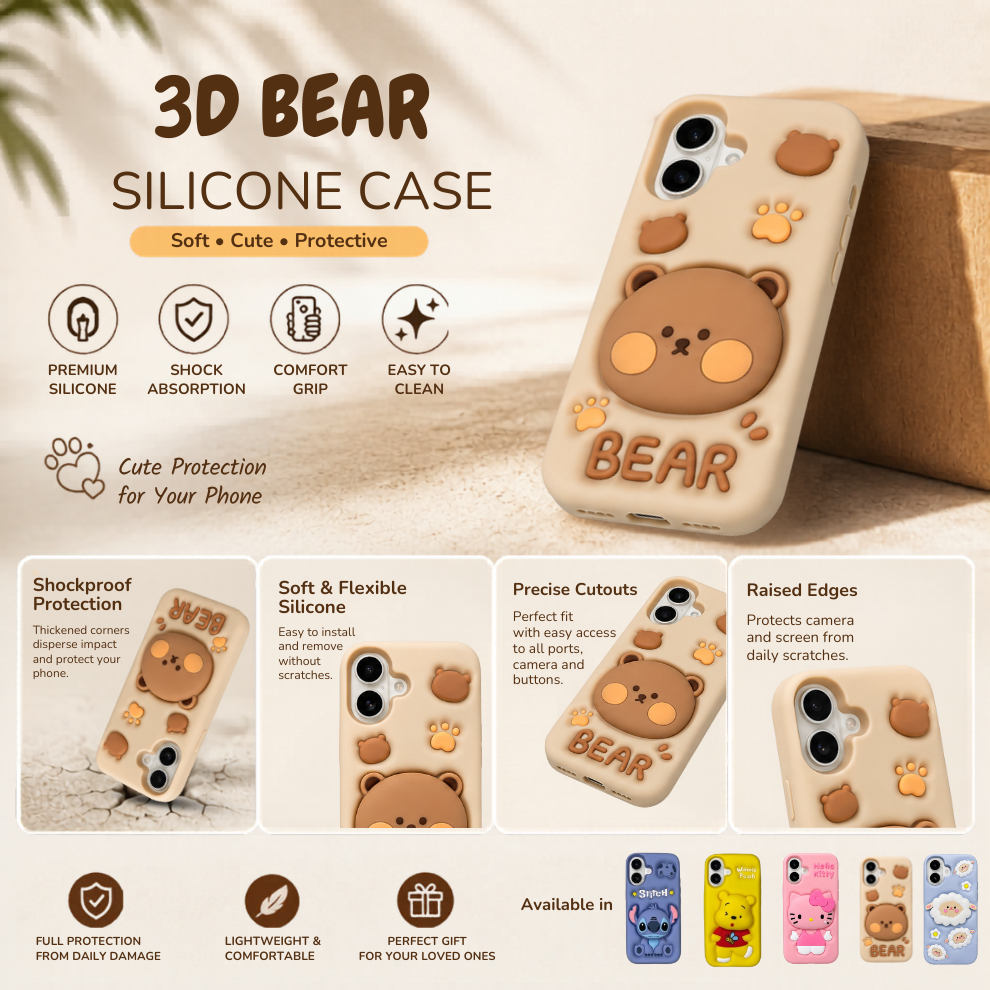 iPhone 16 Bear Soft Silicone Case – Brown
