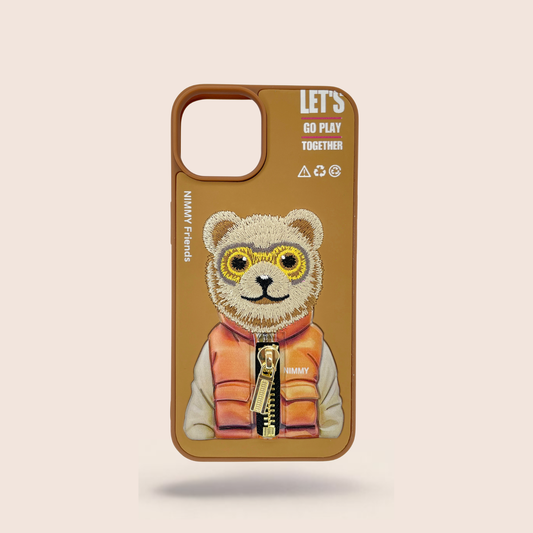 Luxury Bear Jacket iPhone Case – 3D Embroidered Fabric & Zipper Design ✨🧥
