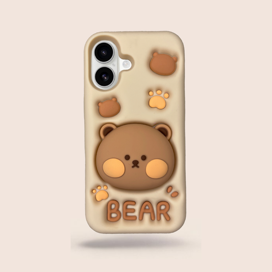 Cute Brown Bear 3D Silicone Case for iPhone 17 – Shockproof Soft Cover