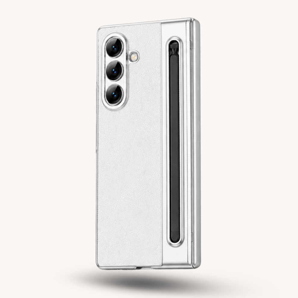 Samsung Galaxy Z Fold 7 Leather Hinge Protection Case with S Pen Holder – Silver